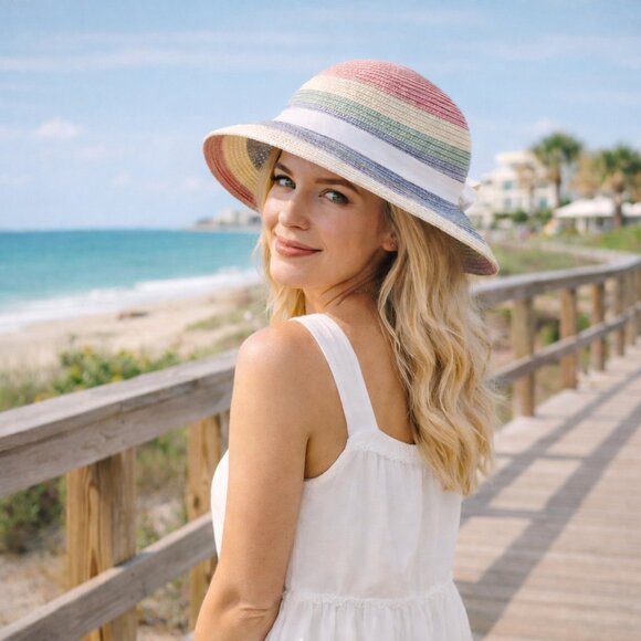 Isaac Mizrahi Pastel Striped Sun Hat | Wide Brim Summer Beach Hat main image 5